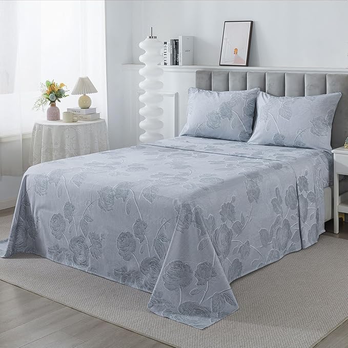 FADFAY Grey Vintage Floral King Size Sheets Set 100% Brushed Cotton Shabby Rose Flower Pattern Bedding Set Deep Pocket Sheets with 2 Pillowcases Luxury Breathable Soft 4pcs, King Size