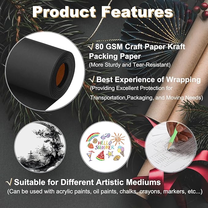 PATIKIL Wrapping Paper, 20"x1600"(130') Bulletin Board Paper Roll Kraft Paper Roll Construction 80GSM for Shipping Packing Gift Wrapping Craft Flower Bouquet Christmas, Black