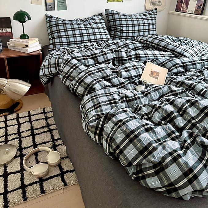 LifeTB Vintage Buffalo Plaid Comforter Set King, Modern Style Grey Black Grid Bed Comforter with 2 Pillowcases, 3 Pieces Soft Fluffy Checkered Pattern Comforter Farmhouse Gingham Plaid Bedding Set