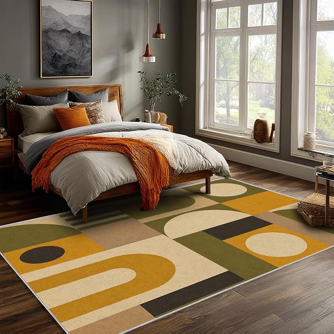 Olive Bauhaus Area Rug 4x5, Mid Century Modern Geometric Rug, Mustard Green Abstract Color Block Washable Low Pile Non Slip Rug for Living Room Bedroom