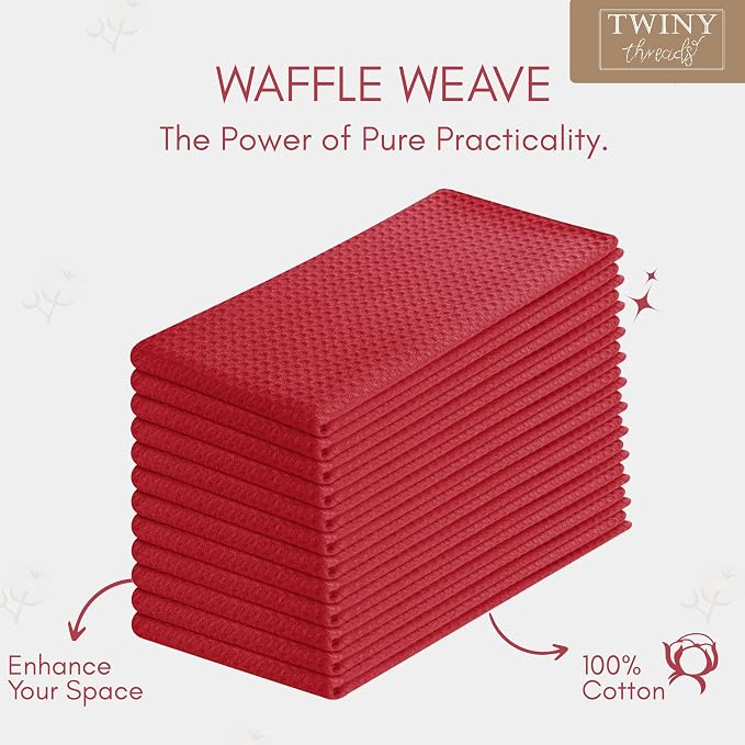 TWINY threads Waffle Dish Towel, 4 Pack, 16x26 Inch, Premium Large 100% Cotton Kitchen Linen Set, Absorbent Cloth for Drying Dishes, Cookware, Quick Drying, Reusable & Machine Washable Wash Rags, Red