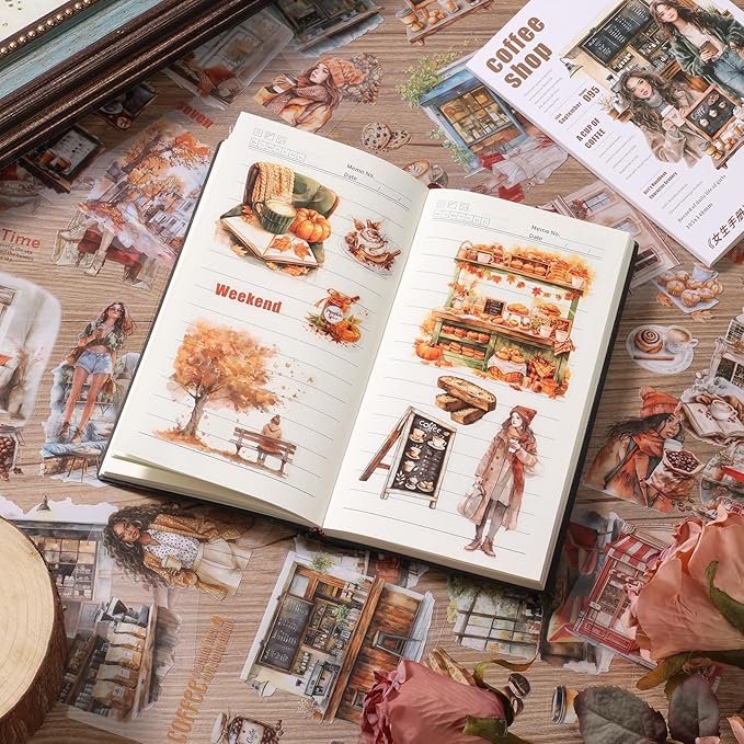 Auguro Scrapbooking Sticker 20 Sheets 120 Pre-Cut PET Coffee Shop Girls People Stickers Books for journaling Scrapbook Supplies Coffee Sticker Book for Scrapbooking