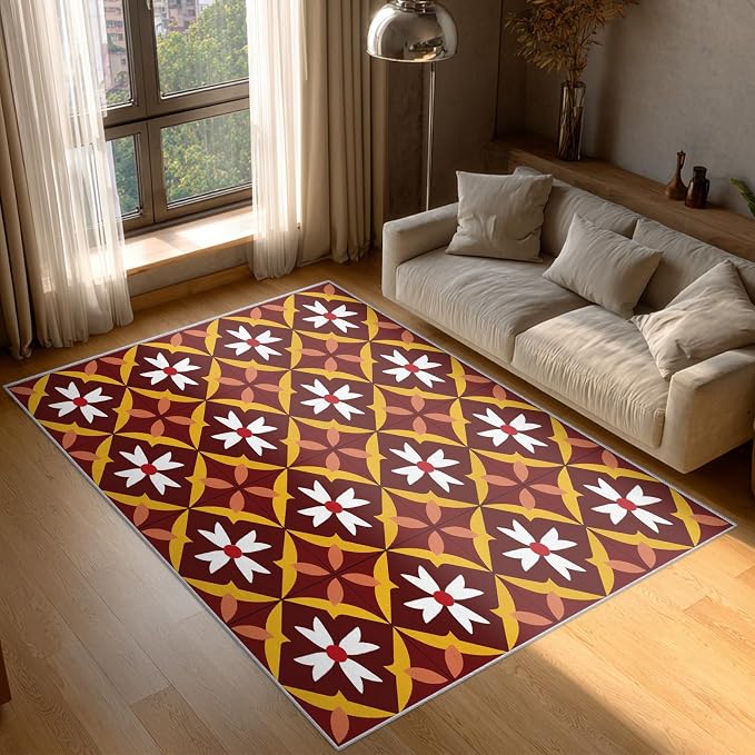 Geometric Flower Rugs for Home Decor, 5x7 ft, Mid Century Modern Area Rugs for Living Room, Soft Non Slip Washable Retro Floral Carpet Bedroom Decorations Dt-Ghf-69