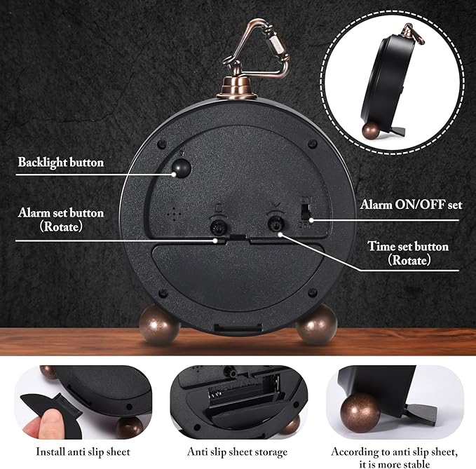 Tetino Analog Alarm Clock,Battery Powered Desk Clocks with Night Light,Silent Non Ticking,Retro Simply Design Alarm Clocks for Living Room, Bedroom, Bedside,Dormitory,Decor,Gift (Black)