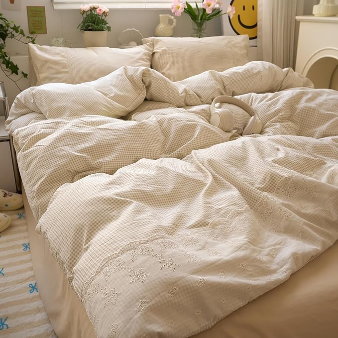 LifeTB Tan Gingham Duvet Cover Twin XL 3 Pieces Romantic Lace Duvet Cover Vintage Plaid Checkered Comforter Cover with 2 Pillowcases Soft Microfiber Beige Tan Grid Farmhouse Plaid Bedding Set