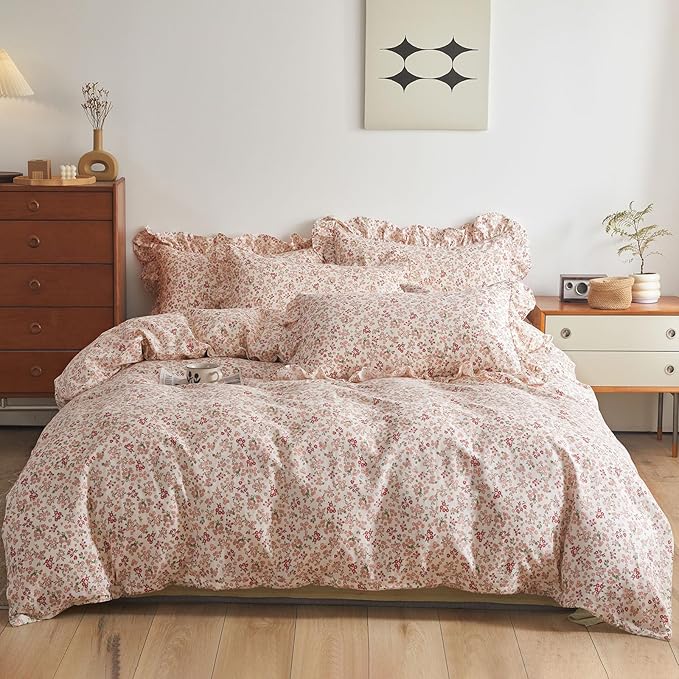 Vintage Floral Duvet Cover King 100% Cotton Pink Flower Duvet Cover with 2 Ruffle Pillowcases Girls Boho Lace Floral Bedding Set Aesthetic Garden Style Botanical Comforter Cover King with Zipper Ties