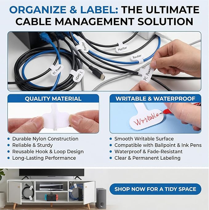 Eersida 60 Pieces Self Adhesive Cable Labels Wire Labels Nylon Writable Cord Tags Waterproof White Wire Cable Tags for Electronics Office Computers Management and Identification (Oval,2.36 Inch)