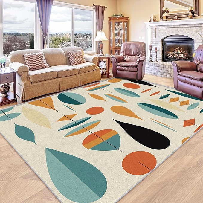 Mid Century Modern Rug 5x7, Washable Geometric Rugs for Living Room Bedroom, Retro Area Rug for Home Decor, Non Slip Backing Floor Carpet with Gripper - 5 x 7 ft