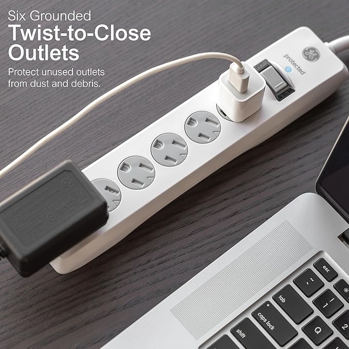GE Surge Protector Power Strip, 20 Ft Extension Cord, 6 Outlet Extender, 800 Joules, Flat Plug, Twist-to-Close Safety Covers, ETL Listed, White, 50770