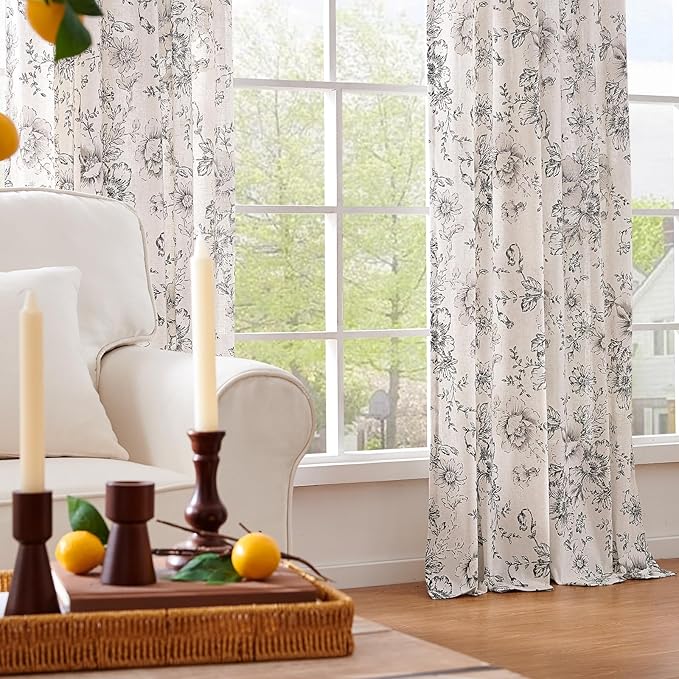 jinchan Linen Blend Curtain Floral Curtains for Living Room 96 Inch Length Black Printed Curtain Back Tab Farmhouse Peony Flower Patterned Drapes Bedroom Window Curtains Set 2 Panels