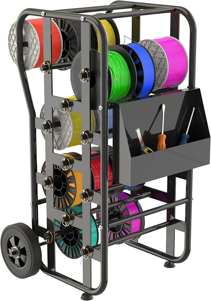 Tredre Wire Spool Rack with Wheels – Heavy Duty Cable Dispenser with 11 Rods, Mobile Wire Organizer Stand with Storage Box for Electrical & Workshop Use, Black
