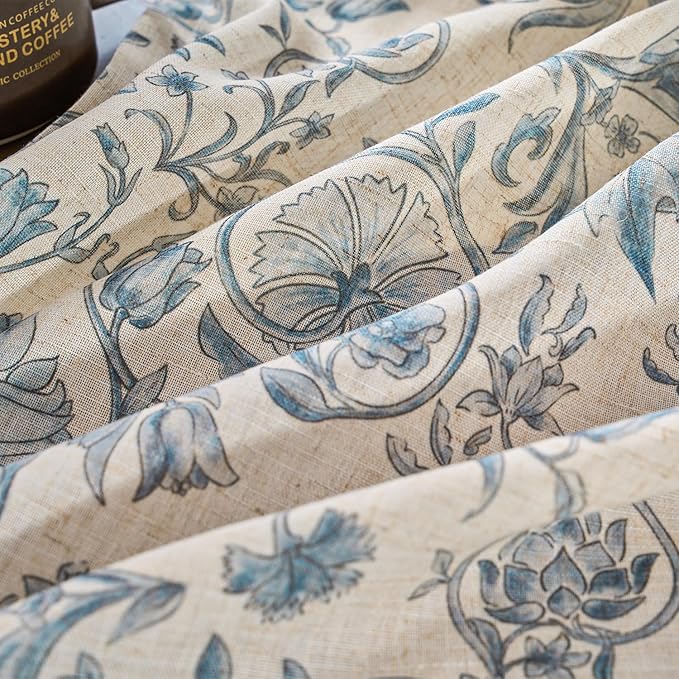 jinchan Linen Floral Curtains for Living Room with Printed Flower 63 Inches Long Light Filtering Farmhouse Window Treatment Vintage Short Drapes Back Tab Rod Pocket 2 Panels Blue on Beige