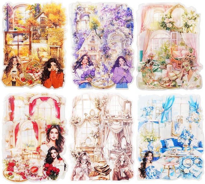 AuriicLeaf Cozy Home PET Stickers Set, 120PCS Vintage Girl and Room Aesthetic Stickers for Journaling, Scrapbooking, Planners and DIY Crafts