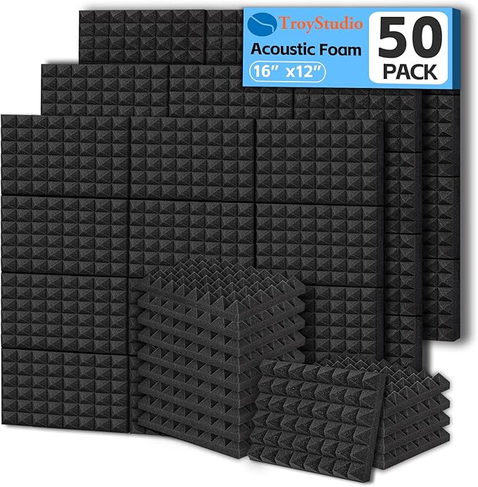 TroyStudio Thick Acoustic Foam Panels, 16 X 12 X 2 Inches 50 Pcs Pyramid Sound Absorbing Foam, Dense Soundproof Padding Tile, Recording Studio Foams Absorber, Decorative 3D Wall Ceiling Panel