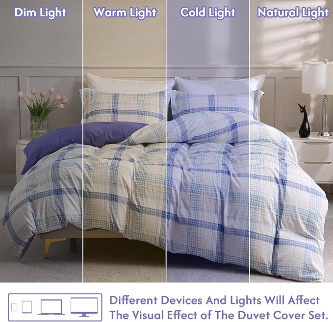 LONAVA Queen Plaid 3 Pcs Duvet Cover Set, Breathable Soft Microfiber Peri Lining Comforter Cover with Zipper Closure, and 2 Anti-Pilling, Fade Resistant Pillowcases, Blue Plaid