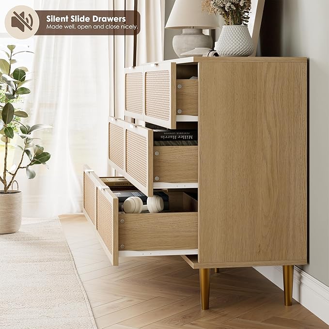 Garvee Rattan Dresser with 6 Drawers, Tall Modern Closet with Deep Storage, Large Chest of Drawers with Wide Top, Long Wooden Dresser for Bedroom, Living Room, Hallway, Kids Room, Natural