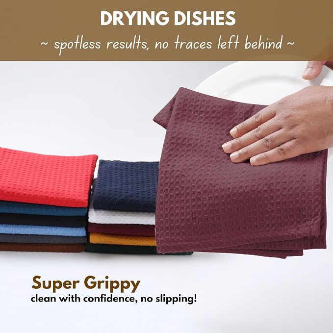 Native Fab 6 Pack Cotton Waffle Dish Cloths - 12x12 inch, Soft, Absorbent & Quick Drying Towels for Cleaning, Cooking & Baking - Great for Home, Restaurants, Cafes & Bars - Burgundy Wine