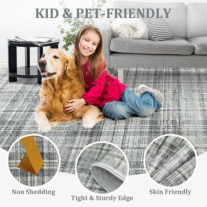 Modern Plaid Washable Rug 8 x 10 Rug for Living Room Soft Farmhouse Tartan Area Rug for Bedroom Non Shedding Non Slip Throw Rugs Stain Resistant Carpet for Nursery Office 8'x10' Greenish Grey