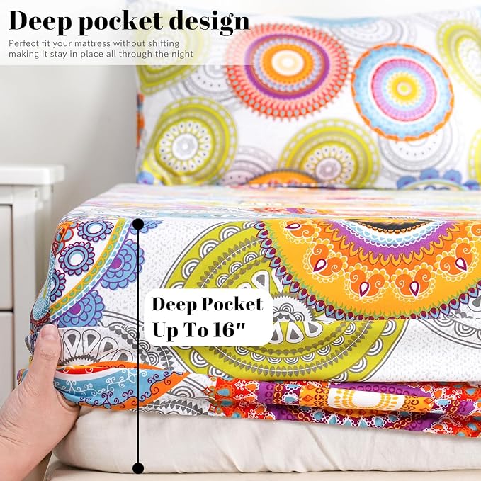 Bedlifes Queen Sheet Set Ultra Soft, Breathable, Silky Flower Deep Pocket 100% Microfiber Bedding, 4 Piece Queen Size Mandala Patterned