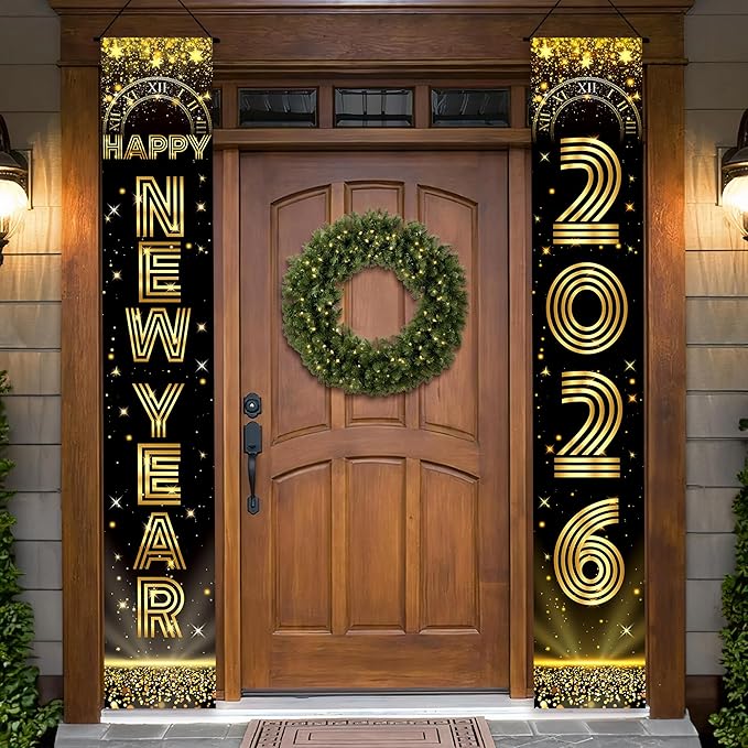 KatchOn, Large Happy New Years Door Banner 2026-72x12 Inch | Black and Gold Hanging Porch Sign | Happy New Year 2026 Banner | New Years Eve Party Supplies for Outdoor, Indoor | Home Wall Decor
