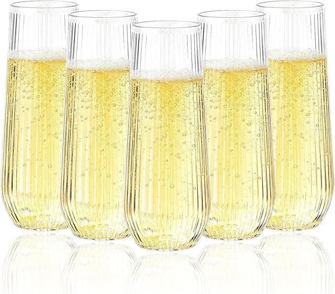 Goodluck 24pack Clear Disposable Champagne Flutes，9oz Stemless Champagne Flutes,Stemless Disposable Clear Plastic Toasting Glasses for Weddings, Birthday Parties, Family Gatherings, Bars etc