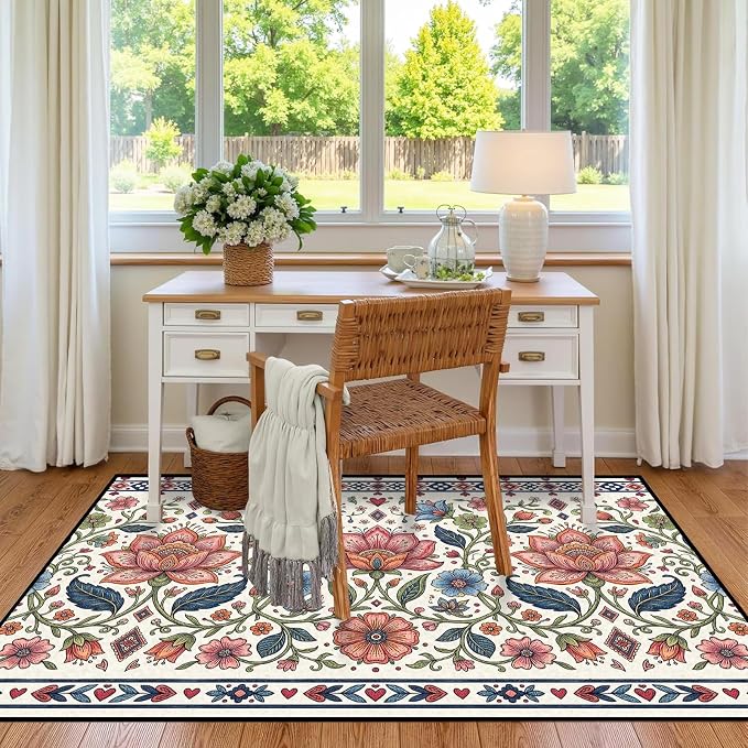 6'x9' Boho Floral Area Rug Vintage Colorful Botanical Carpet Non-Slip Washable Rugs for Bedroom Living Room Nursery Kitchen Playroom Home Decor