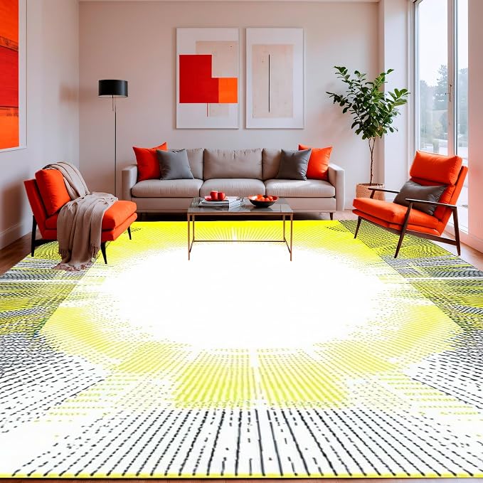 Flatwoven High Traffic Area Rug 4x6, Radiant Burst Geometric, Non Slip, Stain Resistant, Washable Area Rugs for Living Room, Bedroom (Yellow, 4x6)