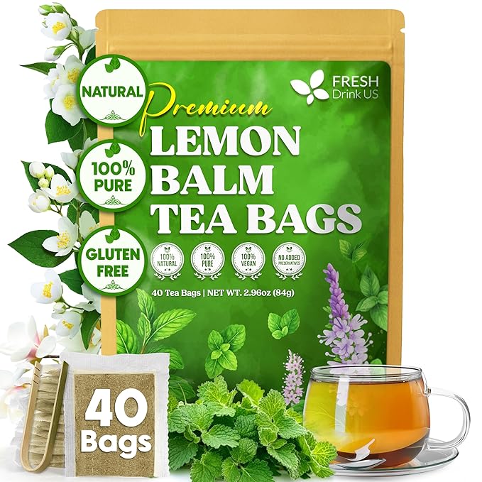 FreshDrinkUS, Lemon Balm Tea Bags | 40 Count |100% Pure Melissa officinalis – Naturally Calming Herbal Tea | Caffeine-Free, Premium Quality, Refreshing Flavor, Sustainably Sourced