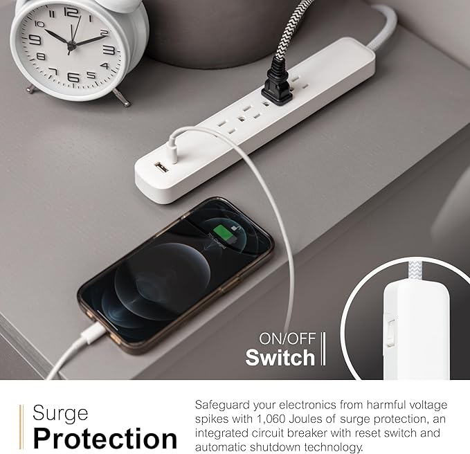 GE UltraPro 4 Outlet Surge Protector, USB-C Charging, 3 ft Designer Braided Cord, 1060 Joules, ETL Listed, White, 41354