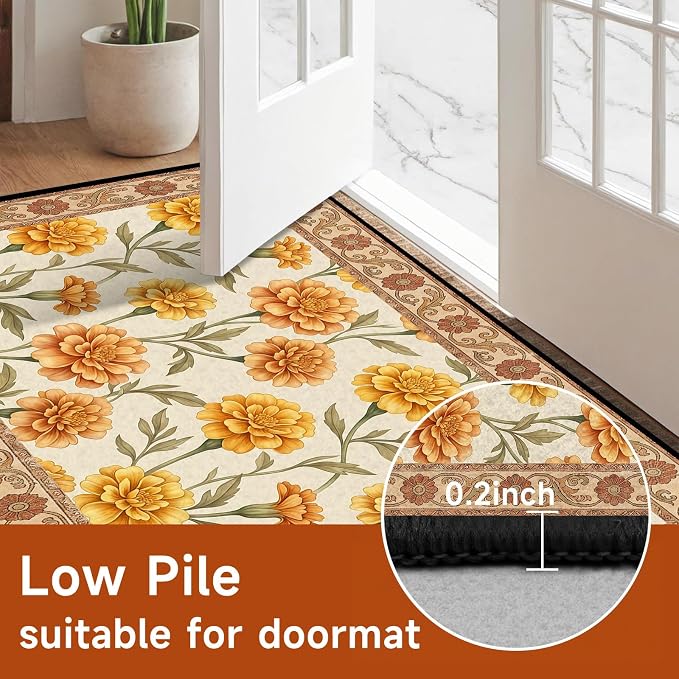 Marigold Floral Area Rug Vintage Boho Rug Bordered Non-Slip Washable Floor Mat for Entryway Bedroom Living Room Nursery Kitchen Playroom Home Decor,3'x5'