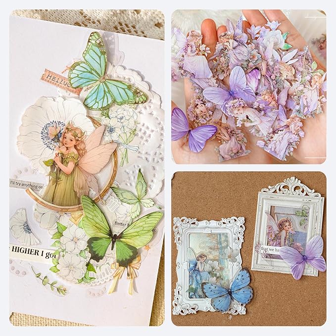 SIBLYMONA Vintage Fairy Stickers 120Pcs Transparent Stickers for Scrapbooking Journaling, Floral Butterfly Cottagecore Junk Journal Scrapbook Supplies, Rub On Transfers for Crafts (120, Blue)