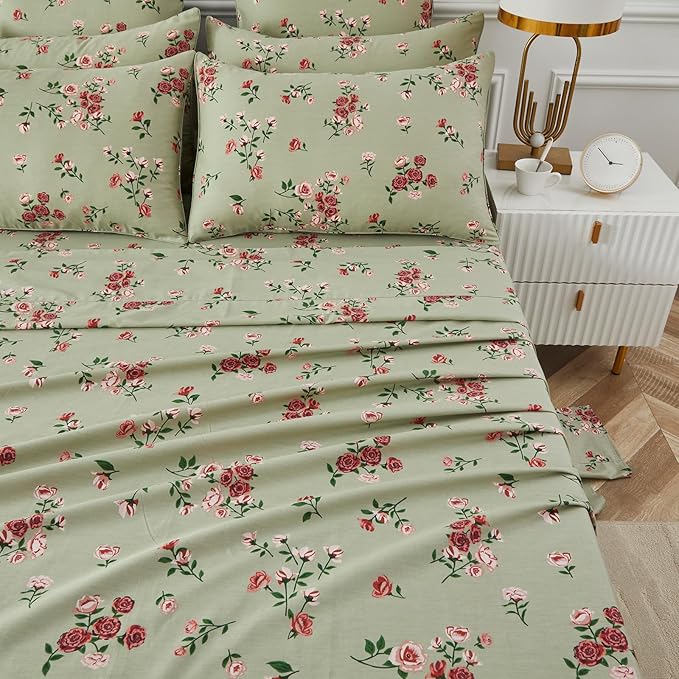 FADFAY Queen Size Sheet Set 100% Cotton Sage Green Bed Sheets, French Country Red Rose Floral Pattern, Soft Cool Luxury Bedding, Shabby Vintage Style, 4 Pieces Deep Pocket Fitted Sheet