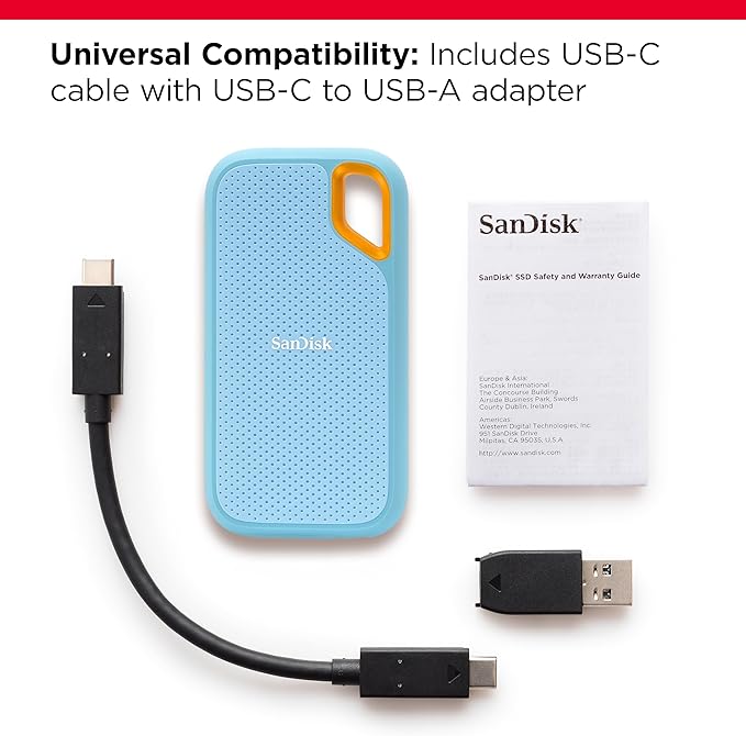 SanDisk 1TB Extreme Portable SSD - Up to 1050MB/s, USB-C, USB 3.2 Gen 2, IP65 Water and dust Resistance, Updated Firmware, Sky Blue - External Solid State Drive - SDSSDE61-1T00-G25B