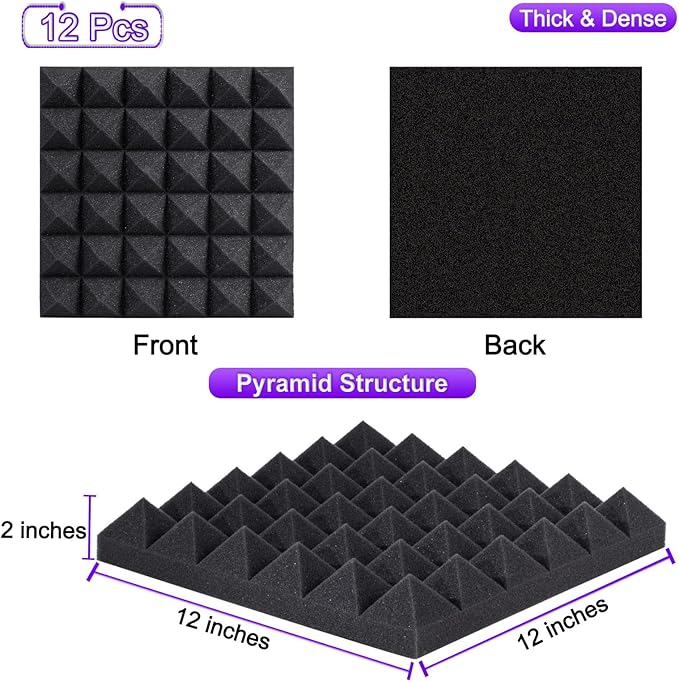 TroyStudio Thick Acoustic Foam Panels, 12 X 12 X 2 Inches 12 Pcs Pyramid Sound Absorbing Foam, Dense Soundproof Padding Tile, Recording Studio Foams Absorber, Decorative 3D Wall Ceiling Panel