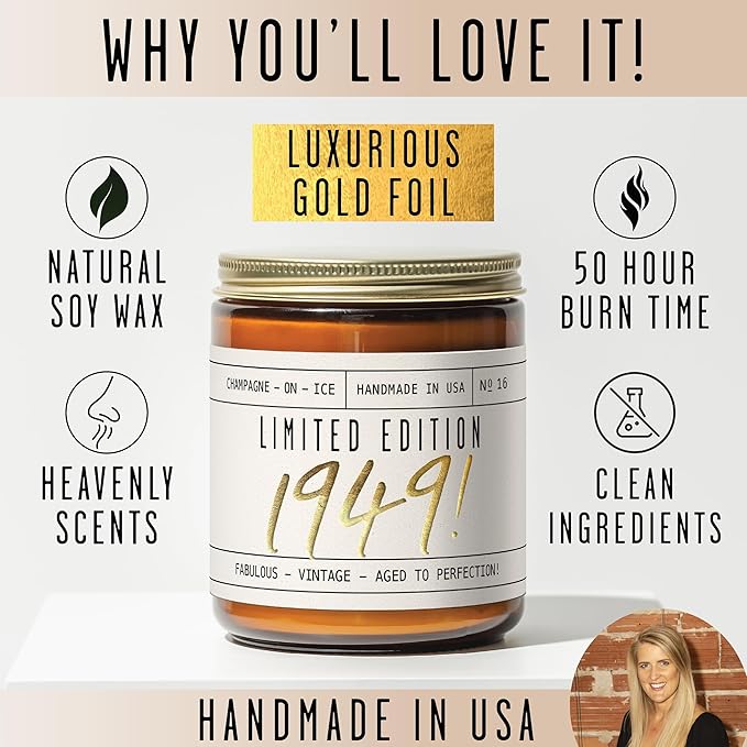 76th Birthday Gifts for Women - 'Limited Edition 1949' Soy Candle, w/Champagne on Ice I 76 Birthday Gifts for Women I 76th Birthday Gift for Her Ideas I 9oz Reusable Jar, 50Hr Burn, Made in USA