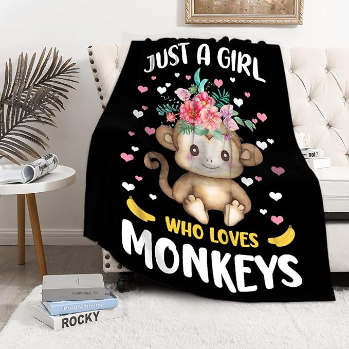 Just A Girl Who Loves Monkeys Blanket Lightweight Cozy Flannel Fleece Throw Blanket Best Gift Home Decor for Bed Couch Outdoor Camping 50"x40" S for Kids
