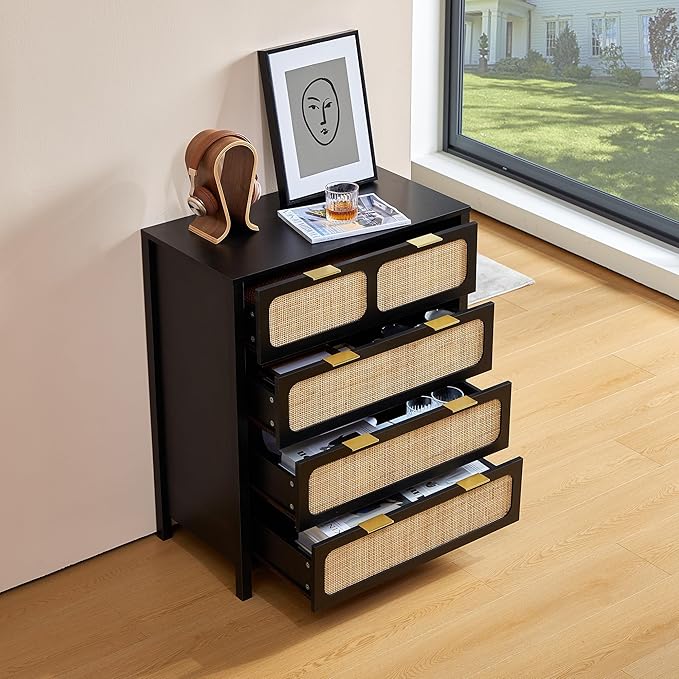 LEVNARY 4 Drawer Dresser Set of 2, Rattan Dressers Storage Cabinet with Metal Handles, Wooden Chest of Drawers Dresser for Bedroom, Entryway, Living Room, Hallway (2, Black)