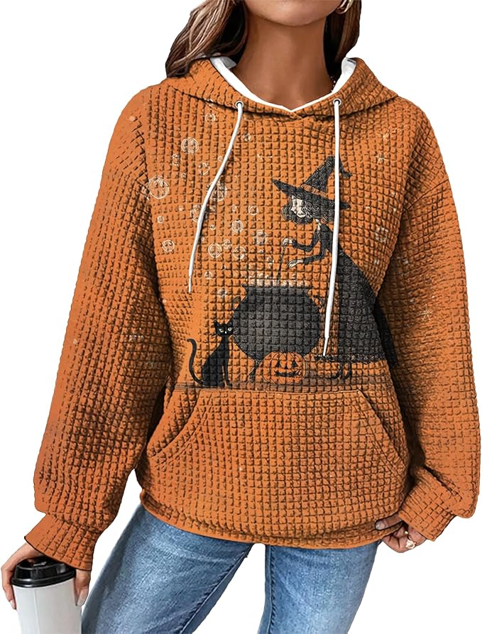 Halloween Sweatshirts for Women Novelty Graphic Drawstring Waffle Hoodies Loose Casual Pullover Tops with Pocket
