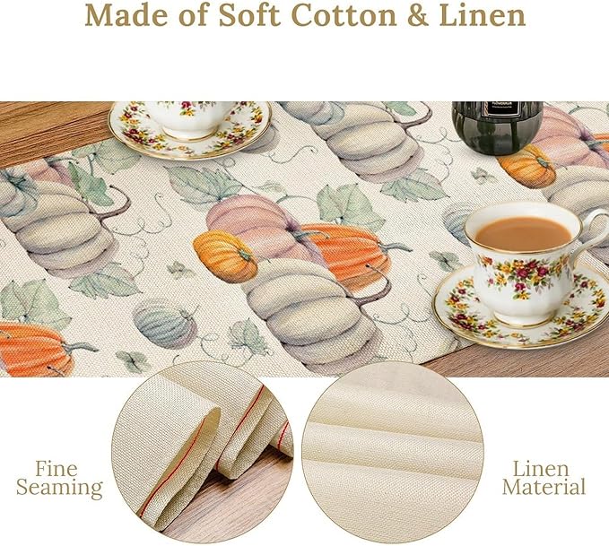 Fall Pumpkin Table Runner Vintage Leaves Plant Motifs Thanksgiving Theme Watercolor Illustration Home Decor for Farmhouse Indoor Outdoor Party Holiday Dining Kitchen Restaurant Cafe W13xL36in