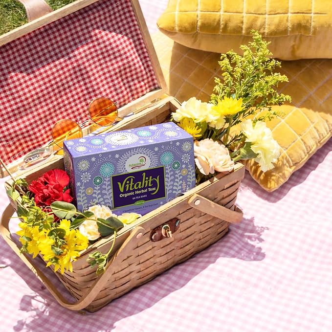 Adanim Bio Vitality Organic Herbal Tea Sampler Gift Set Caffeine Free 8 Flavors Variety Pack 64 Individually Wrapped Tea Bags for Gifting