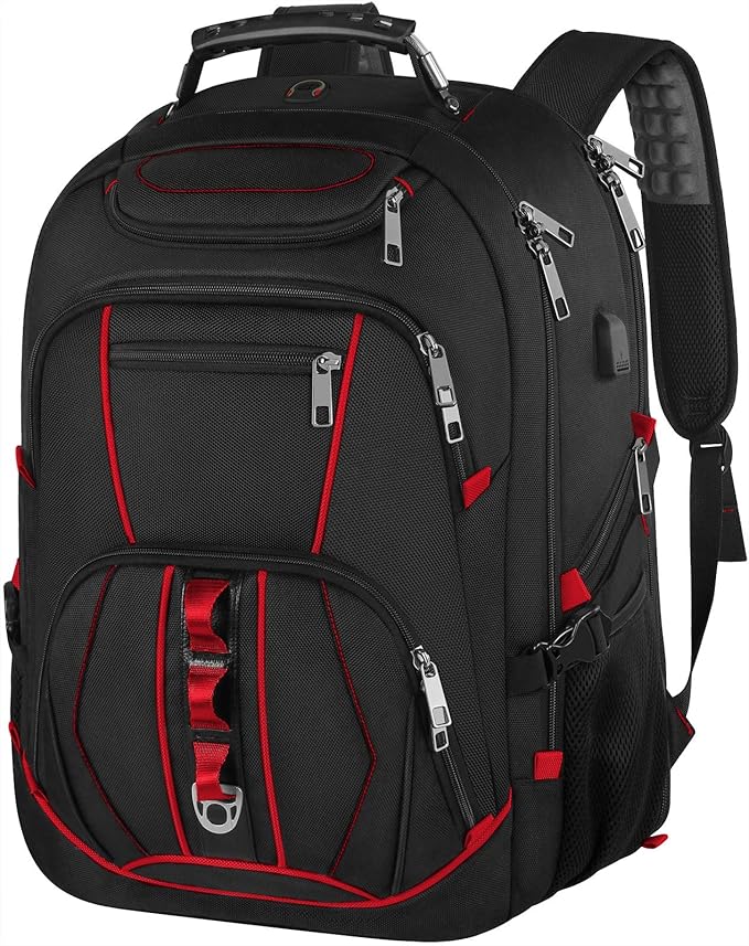 JCDOBEST Laptop Backpack, Red, 55L Capacity, TSA Approved, RFID Anti-Theft, USB Charging Port, Headphone Hole, Back Luggage Strap, Chest Strap, Laptop Backpack