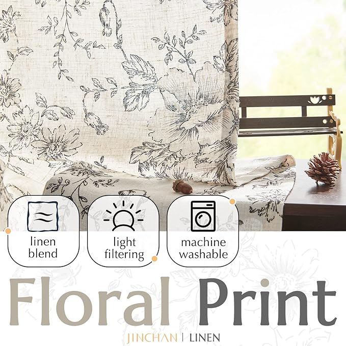 jinchan Linen Blend Curtain Floral Curtains for Living Room 102 Inch Length Black Printed Curtain Rod Pocket Back Tab Farmhouse Peony Flower Patterned Drapes Bedroom Window Curtains Set 2 Panels