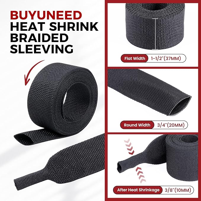BuyUneed Heat Shrink Wire Loom 2:1 Shrinkable Braided Cable Sleeve 3/4 Inch ID-46ft Abrasion Protection Flexibility Fabric Wiring Harness Cover Sheath