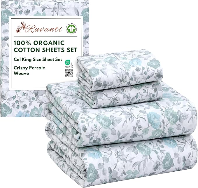 RUVANTI 100% Organic Cotton Sheets California King, Percale Weave, GOTS Certified, 4-Piece Set, Deep Pocket 13", Crisp & Breathable, Soft Durable Bedding, Sábanas Algodón Orgánico – Cold Chrysanthemum