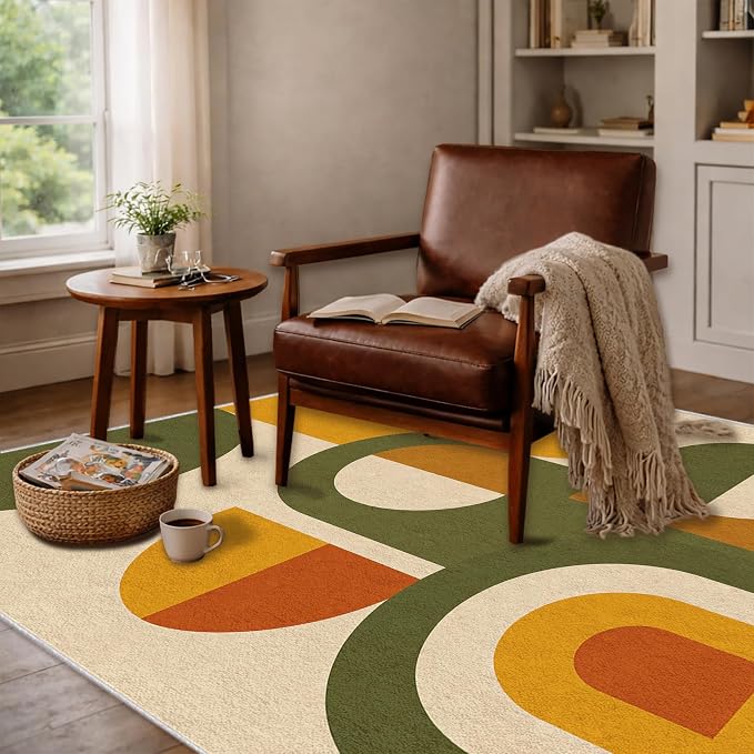 Mid Century Area Rug 8x10, Home Decor | Olive Mustard Bauhaus Circle, Retro Geometric Rug for Living Room, Bedroom, Home Office, Non Slip, Washable, Low Pile