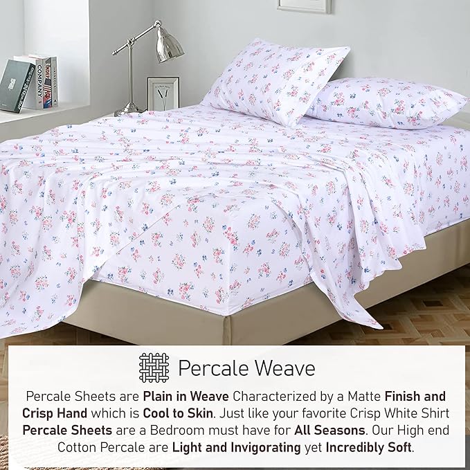 RUVANTI 100% Cotton Full Size Bed Sheets, 4 Pieces, Soft & Breathable Percale Weave Bedding, Deep Pocket 16", Hotel Standard, Crisp Cool Feel, Durable, Perfect Sheet Set Floral, Funa Flora