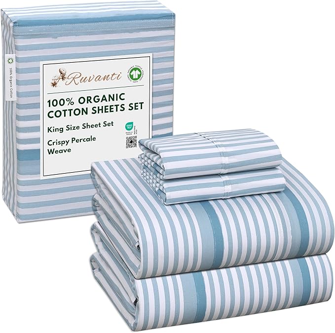 RUVANTI 100% Organic Cotton Sheets King Size, Percale Weave, GOTS Certified, 4-Piece Set, Deep Pocket 15", Crisp & Breathable, Soft Durable Bedding, Sábanas Algodón Orgánico – Nautical Stripes