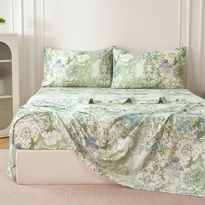 Zusbest California King Sheets Luxury Sage Green Floral Bed Sheet Set 100% Cotton, Satin Weave Soft Silky Breathable for Hot Sleepers American Country Vintage Flower Deep Pocket 17.5‘’ Bed Set 4Pcs