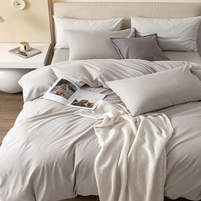 JIYUAN 100% Washed Cotton Duvet Cover Set 3 PCS Oversized Queen, 1 Duvet Cover 98"x98" (Comforter Not Included) and 2 Pillowcases,Linen Feel Bedding Set Comfy and Breathable, Heathered Cream Grey