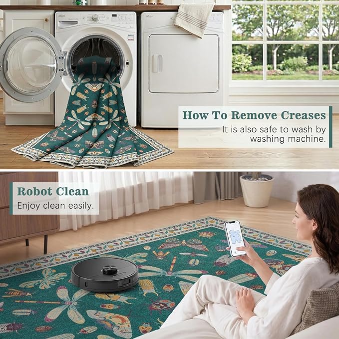 DCX 8x10 Washable Insect Rug, Vintage Gothic Deep Teal Rug with Non-Slip Rubber Backing, Soft Low-Pile, Stain-Resistant, Kid & Pet Friendly, for Living Room, Bedroom, Office, and Nature-Themed Decor